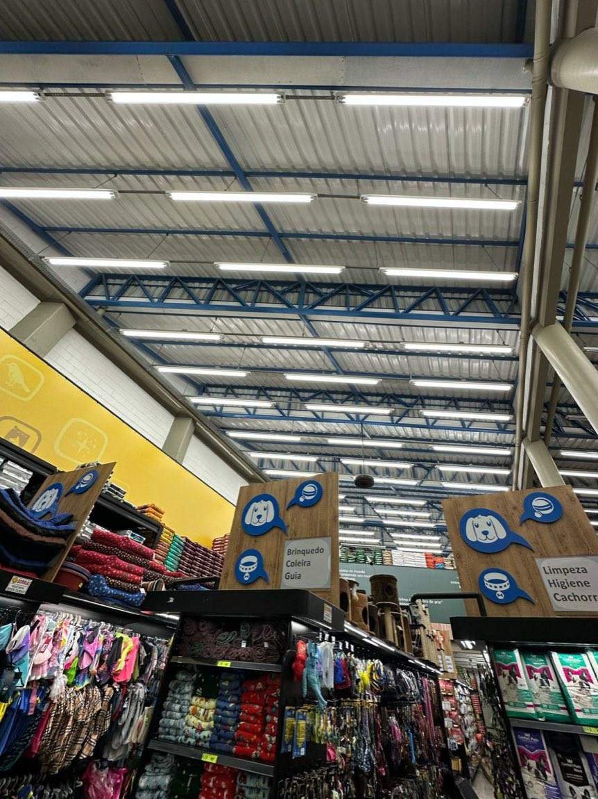Loja em galpão com linhas de luminárias LED instaladas na estrutura metálica do teto