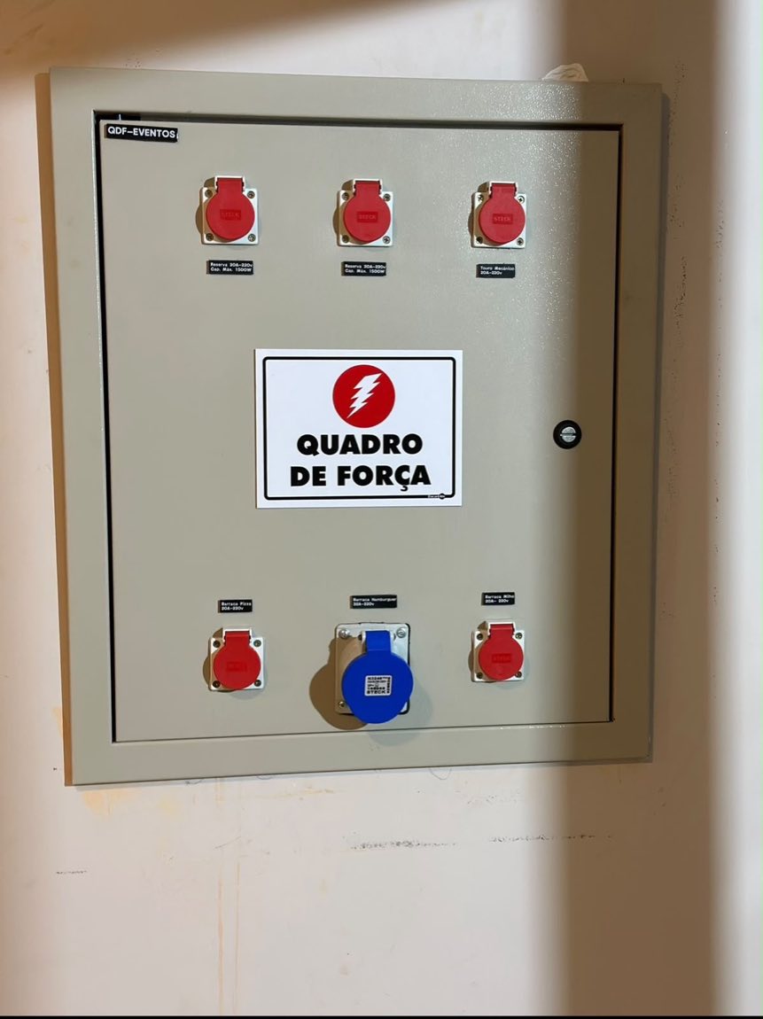 Quadro de força para eventos com tomadas industriais vermelhas e azul identificadas